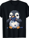 Cute Cartoon Style, Men'S And Women'S T-Shirt, Adorable Penguin Holding Blueberries Design, Casual Daily Wear Summer Spring