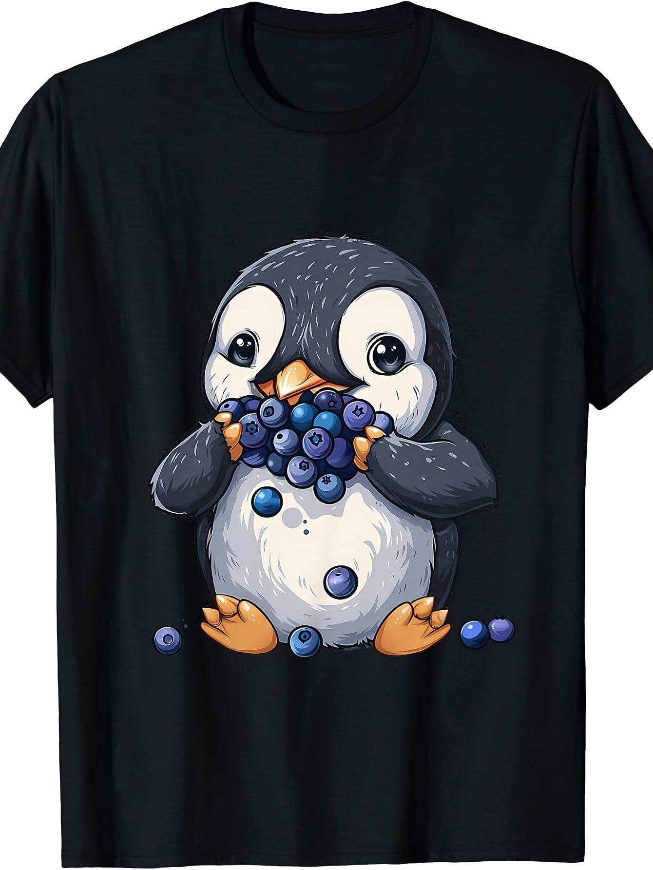 Cute Cartoon Style, Men'S And Women'S T-Shirt, Adorable Penguin Holding Blueberries Design, Casual Daily Wear Summer Spring