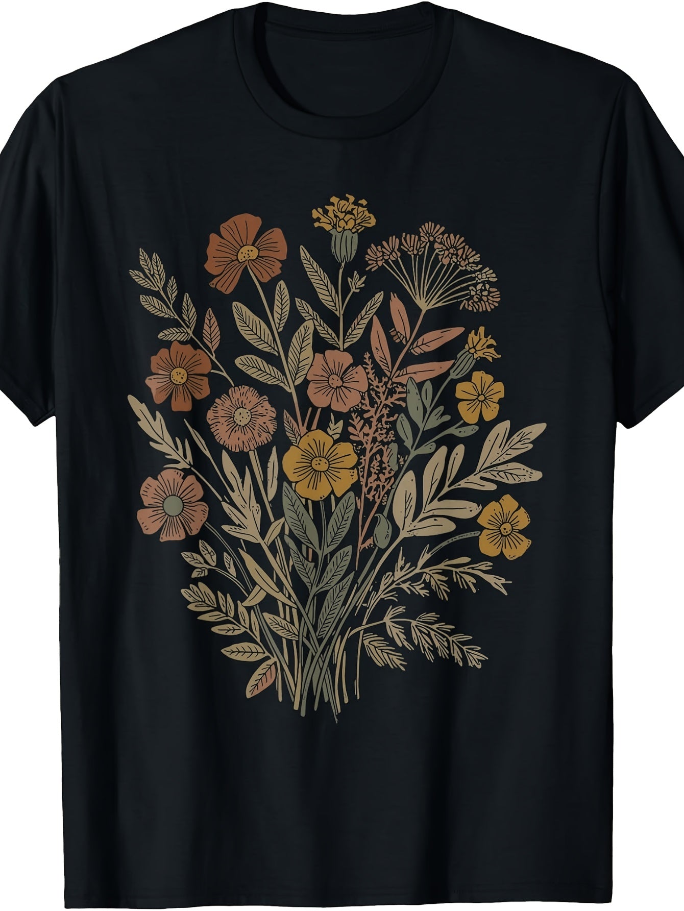 Vintage Botanical Floral Bouquet, Men's And Women's T-Shirt, Wildflower Herb Illustration, Summer Spring Outdoor Casual Wear