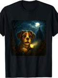 Men's & Women's Retro Halloween T-Shirt - Funny Dog & Haunted Forest Costume Party Outfit with Flashlight Suitable for Autumn Holiday, Themed Events, Machine Washable Apparel