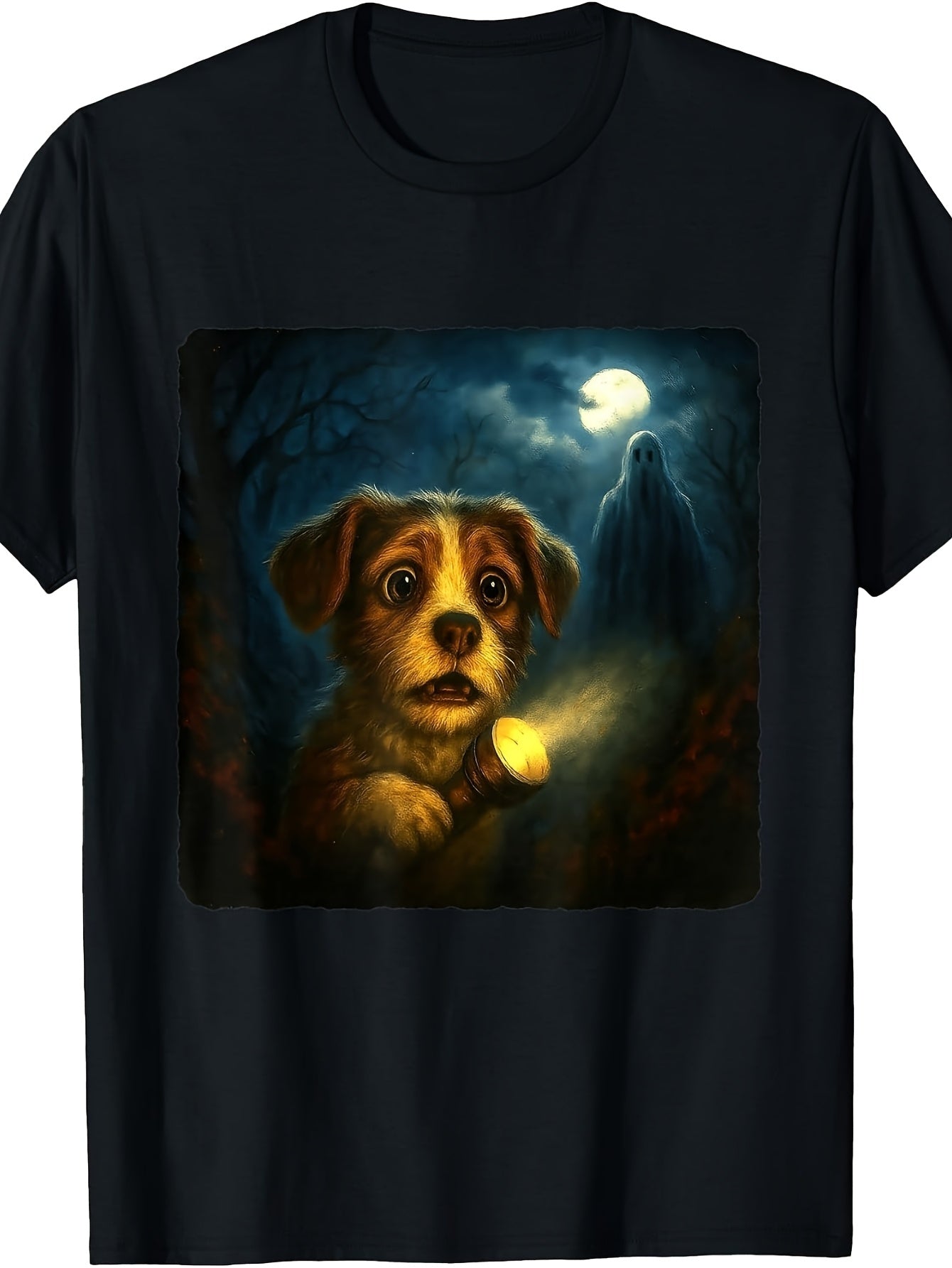 Men's & Women's Retro Halloween T-Shirt - Funny Dog & Haunted Forest Costume Party Outfit with Flashlight Suitable for Autumn Holiday, Themed Events, Machine Washable Apparel