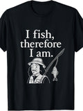 Men's & Women's Funny Fishing T-Shirt - Retro "I Fish Therefore I Am" Slogan & Cartoon Angler Graphic, Casual Round Neck Tee Suitable for - Outdoor Fishing Gift, Machine Washable Fishing Apparel for