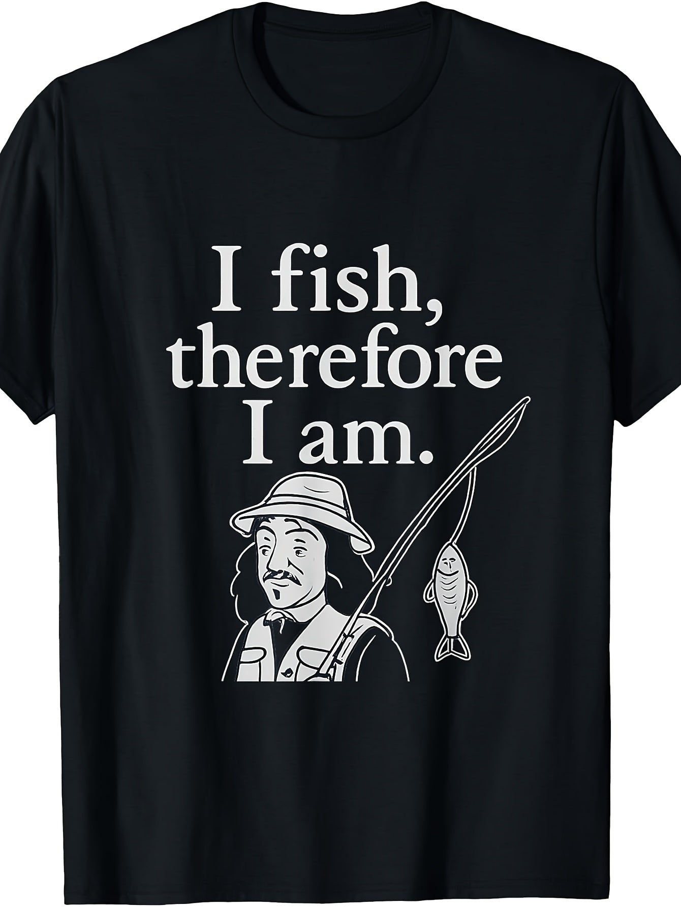 Men's & Women's Funny Fishing T-Shirt - Retro "I Fish Therefore I Am" Slogan & Cartoon Angler Graphic, Casual Round Neck Tee Suitable for - Outdoor Fishing Gift, Machine Washable Fishing Apparel for