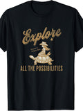 Retro, Turtle Rider Graphic, T-Shirt, Golden Explore Text, Crew Neck, Summer Adventure