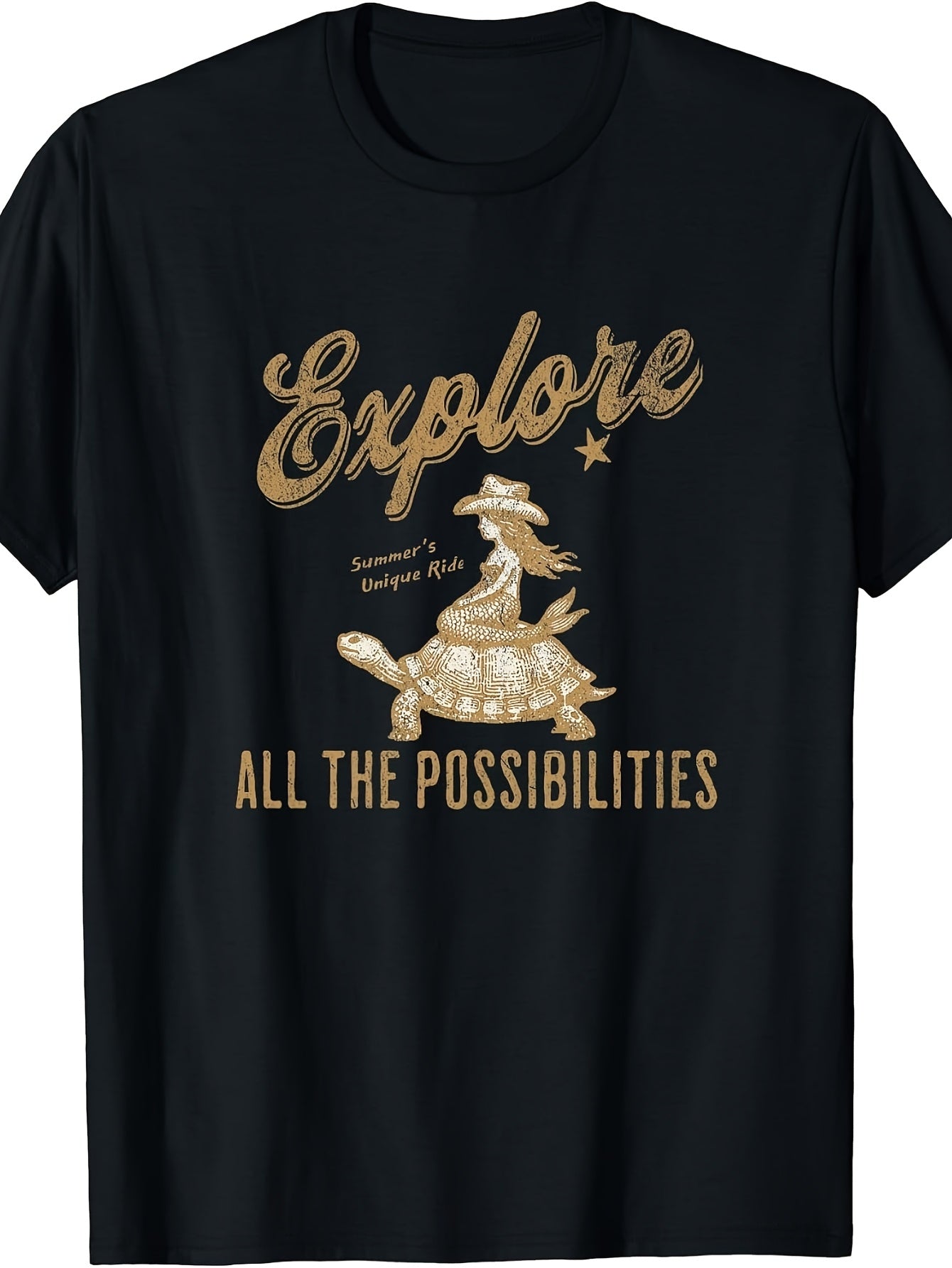 Retro, Turtle Rider Graphic, T-Shirt, Golden Explore Text, Crew Neck, Summer Adventure