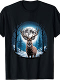 Men's & Women's Mystical Forest Deer T-Shirt - Winter Snowy Night Wildlife Design with Deer & Moonlight, Retro Round Neck Casual Outdoor Wear Suitable for, Machine Washable Gift Apparel