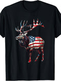 Men's & Women's Retro American Flag Elk Deer T-Shirt - Elk Hunting Graphic Suitable for 4th of July, Independence Day, Outdoor Hunting Apparel, Machine Washable Casual Round Neck Tee for Year-Round Wear ( Sizes)
