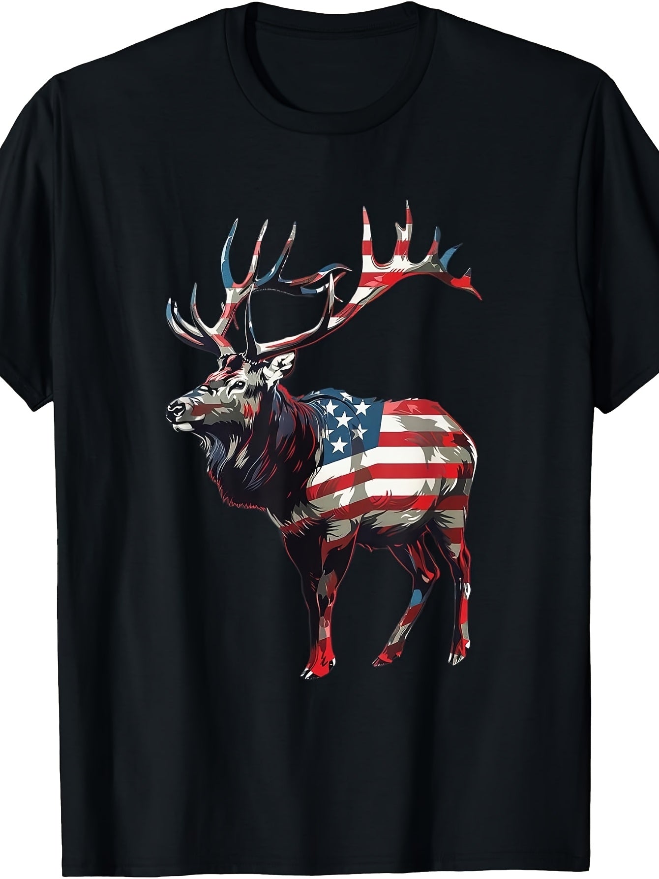 Men's & Women's Retro American Flag Elk Deer T-Shirt - Elk Hunting Graphic Suitable for 4th of July, Independence Day, Outdoor Hunting Apparel, Machine Washable Casual Round Neck Tee for Year-Round Wear ( Sizes)