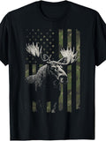 Vintage Style, Men'S And Women'S T-Shirt, Moose with American Flag Camouflage Pattern, Outdoor Hunting Seasonal Wear