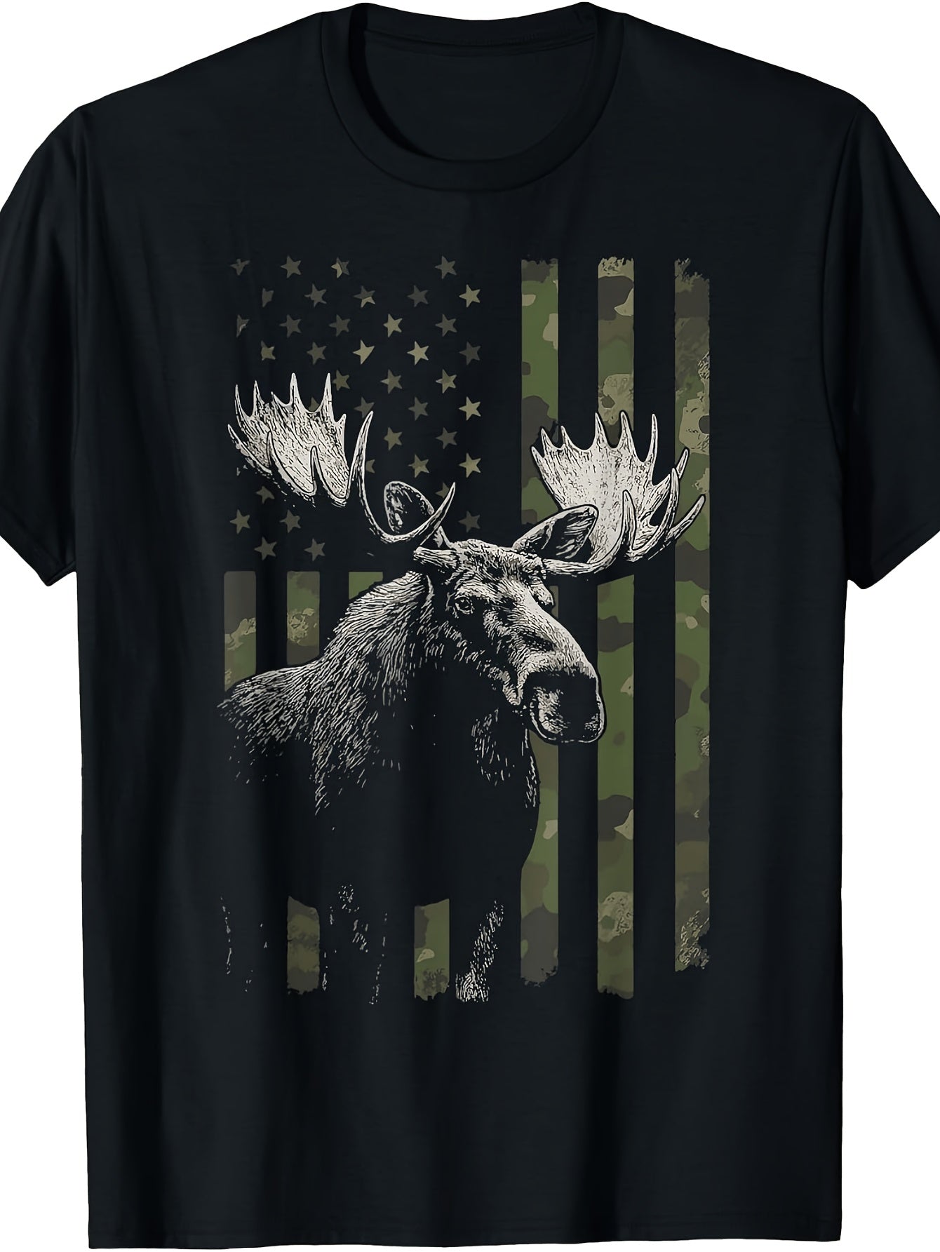 Vintage Style, Men'S And Women'S T-Shirt, Moose with American Flag Camouflage Pattern, Outdoor Hunting Seasonal Wear