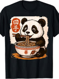 Cute Cartoon Style, Men's And Women's T-Shirt, Panda Eating Noodles with Chopsticks And Chinese Characters Design, Casual Daily Wear Summer Spring Autumn