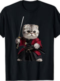 Cute Samurai Cat, Men'S And Women'S T-Shirt, Funny Kitten Warrior with Sword Design, Casual Summer Wear