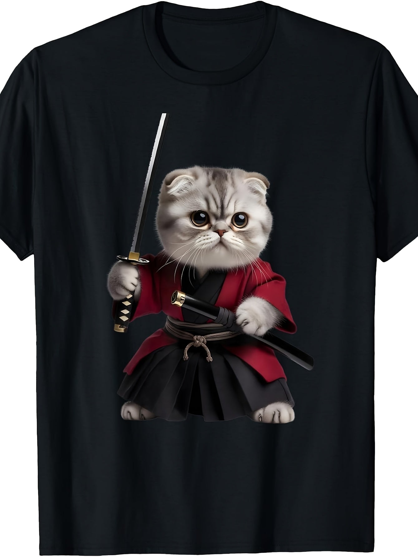 Cute Samurai Cat, Men'S And Women'S T-Shirt, Funny Kitten Warrior with Sword Design, Casual Summer Wear