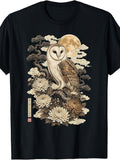 Unisex, Japanese Ukiyo-E Owl Moonlight, T-Shirt, Vintage Art Print, Crew Neck, Casual Wear