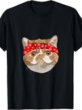 Cute Cartoon Cat with Red Bandana, Men's And Women's T-Shirt, Funny Animal Lover Graphic Tee, Casual Summer Spring Wear