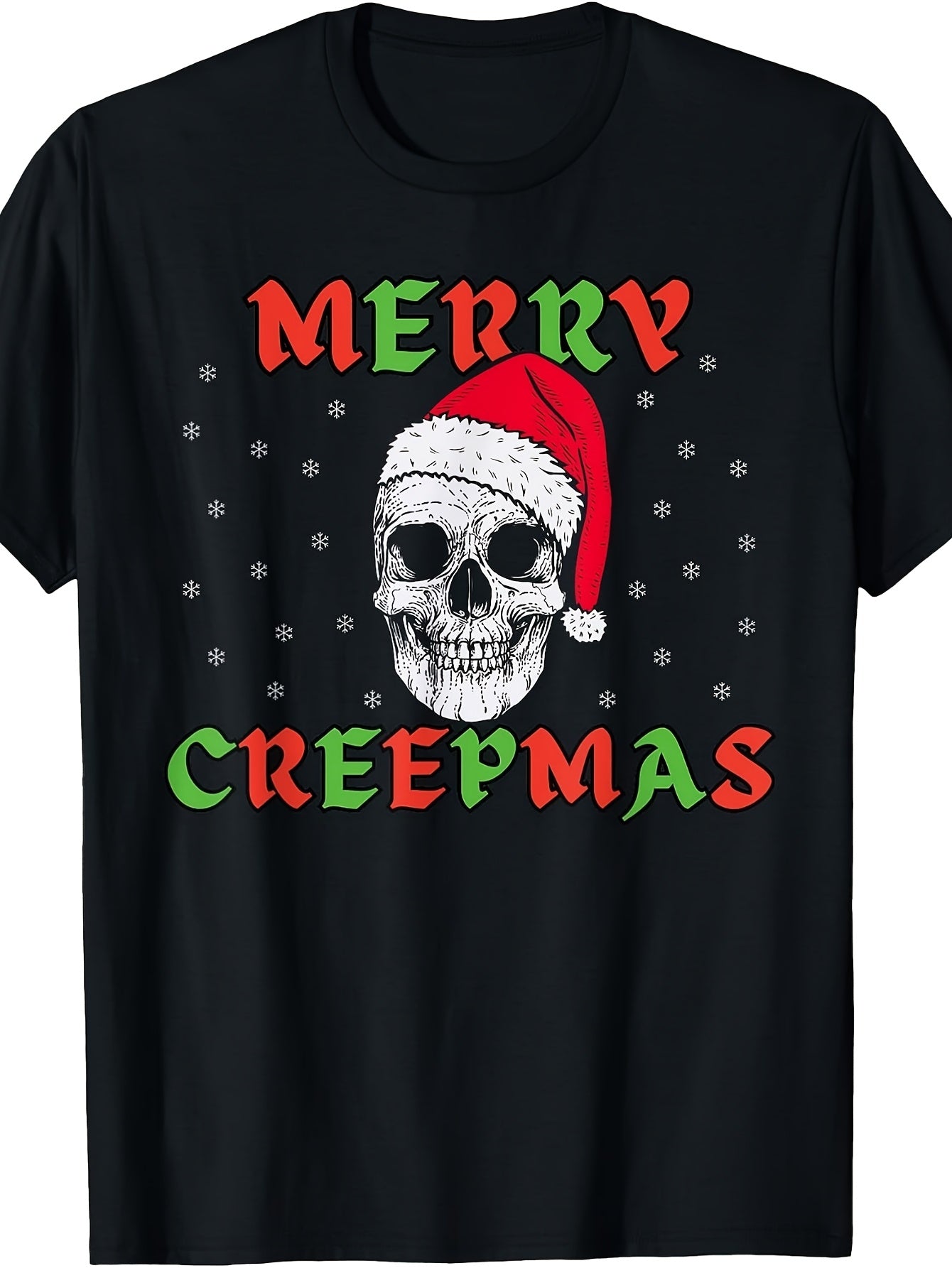 Gothic Christmas T-Shirt - Retro Creepmas Skeleton Skull in Santa Hat, Casual Round Neck Tee Suitable for Year-Round Wear, Machine Washable Gothic Style Apparel for Parties & Everyday Outfits