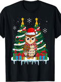 Retro Kawaii Owl Christmas T-Shirt with Santa Hat - Casual Round Neck Tee Suitable for Year-Round Wear, Machine Washable Digital Print, Festive Owl & Santa Hat for Themed Parties and Everyday Outfits