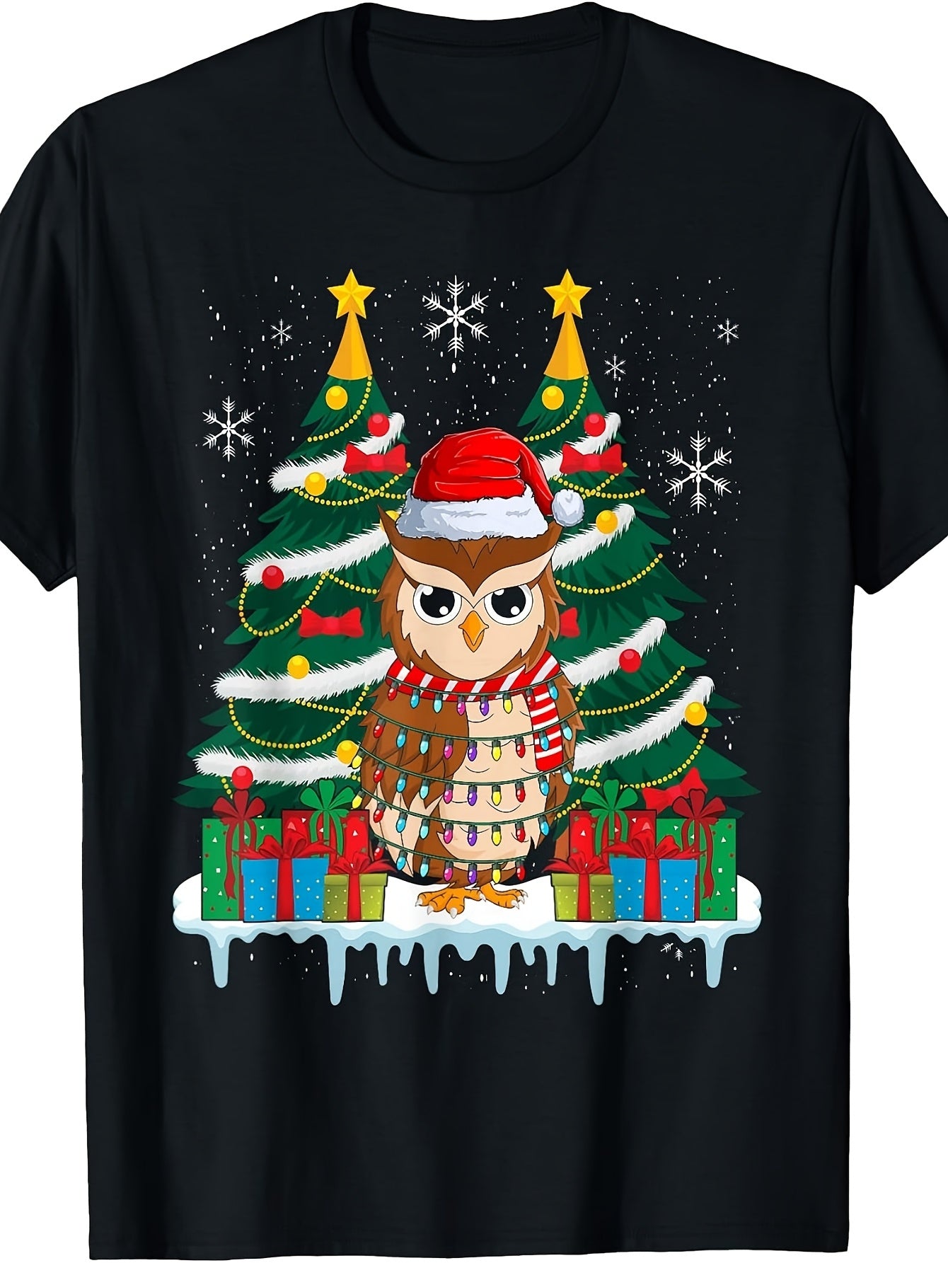 Retro Kawaii Owl Christmas T-Shirt with Santa Hat - Casual Round Neck Tee Suitable for Year-Round Wear, Machine Washable Digital Print, Festive Owl & Santa Hat for Themed Parties and Everyday Outfits