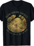 Men's And Women's T-Shirt, Vintage Retro Style, Slow Hiking Society The Last One to The Wins Sloth Snail Turtle Forest Trail Illustration, Outdoor Hiking Camping Spring Summer Fall