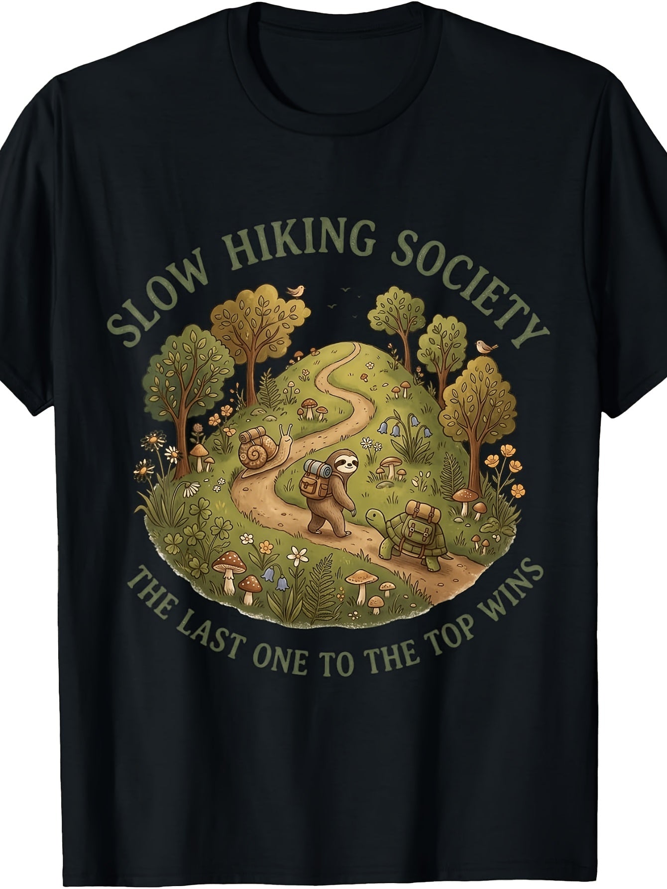 Men's And Women's T-Shirt, Vintage Retro Style, Slow Hiking Society The Last One to The Wins Sloth Snail Turtle Forest Trail Illustration, Outdoor Hiking Camping Spring Summer Fall