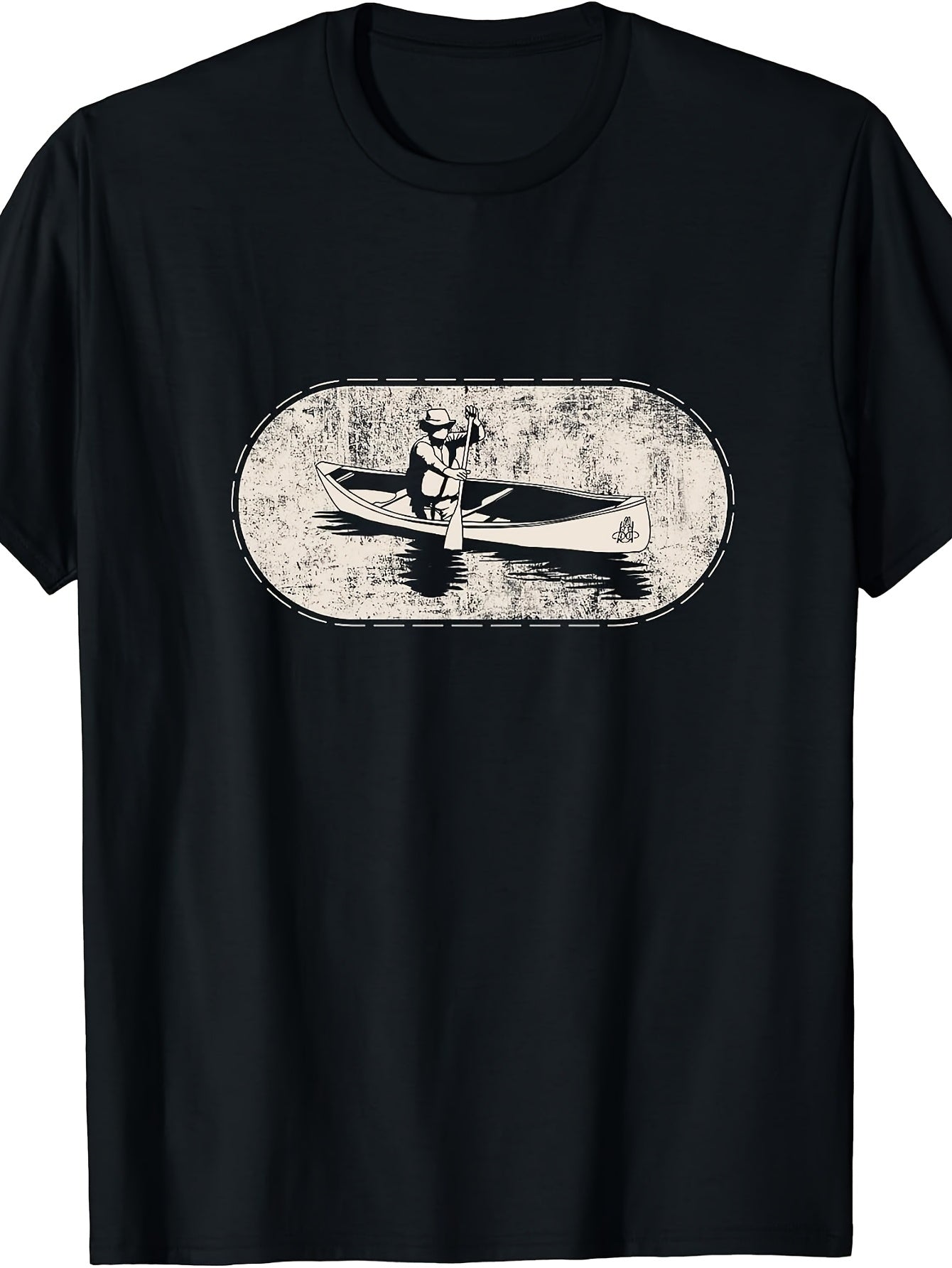 Outdoor Enthusiast, Canoeing Adventure Graphic, T-Shirt, Vintage Distressed Oval Print, Crew Neck, Casual Wear