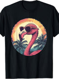 Retro Vintage Style, Men's And Women's T-Shirt, Cool Flamingo Wearing Fashion Glasses with Palm Trees And Sunset Circle Graphic, Summer Beach Vacation Casual Wear